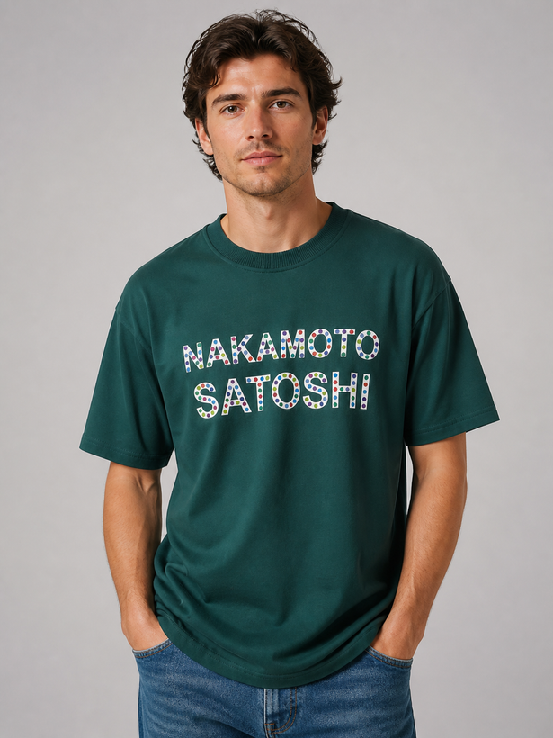 عکس استودیویی تیشرت مردانه طرح مینیمال ناتاموتو ساتوشی سبز تیره با تنخور مدل | Nakamoto Satoshi